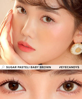 Model showcasing the natural look using i-Sha Sugar Pasteli Baby Brown prescription colored contact lenses, above a closeup of a pair of eyes enhanced and widened by the circle lenses.