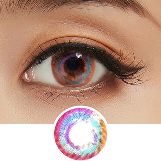 Close-up view of the Pink Label Prism Pink contact lens on a white background