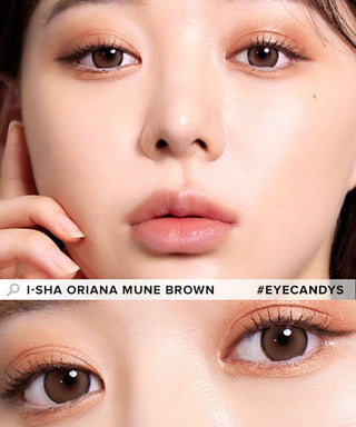 Model showcasing the natural look using i-Sha Oriana Mune 1-Day Brown (10pk) prescription colored contact lenses, above a closeup of a pair of eyes enhanced and widened by the circle lenses.