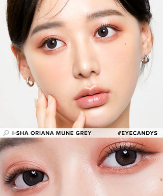 Model showcasing the natural look using i-Sha Oriana Mune 1-Day Grey (10pk) prescription colored contact lenses, above a closeup of a pair of eyes enhanced and widened by the circle lenses.