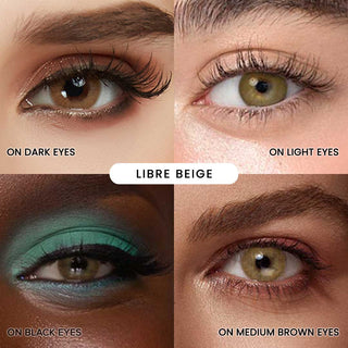 Assortment of EyeCandys Libre Beige contact lenses on various iris colors and skintones. Clockwise (from the upper right): Libre Green contact lens a dark eye with smoky eye makeup, a light eye with curled lashes, a black eye with bold turquoise eyeshadow and a medium brown eye with rose gold makeup.