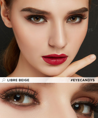 EyeCandys Libre Beige colored prescription contact lenses on a model's eyes, with a closeup of her eyes showing the natural transformative effect of the beige contacts.