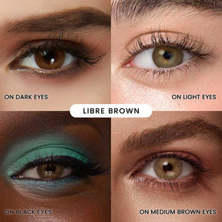 Assortment of EyeCandys Libre Brown contact lenses on various iris colors and skintones. Clockwise (from the upper right): Libre Green contact lens a dark eye with smoky eye makeup, a light eye with curled lashes, a black eye with bold turquoise eyeshadow and a medium brown eye with rose gold makeup.