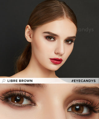 Close-up of EyeCandys Libre Brown colored prescription contact lenses on a model's eyes, with a closeup of her eyes showing the natural transformative effect of the brown contacts.