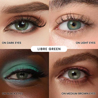 Variety of makeup styles enhancing EyeCandys Libre Green contact lenses on a range of eye colors including dark, light, black, and medium brown eyes