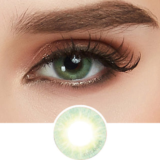 A close-up of EyeCandys Libre Green contact lens on a clean white surface with a model featuring dark brown eyes, enhancing natural eye makeup, beside a representation of the contact lens.