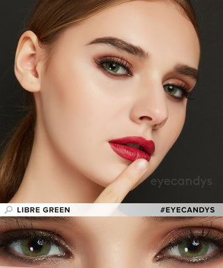 Close up image of Model with brown hair sporting Libre Green contact lenses, enhanced with peach eyeshadow, showcasing their natural dark eyes, alongside a close-up view highlighting the lenses.