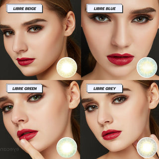 Collage of a model wearing  EyeCandys Libre contact lenses in various colors: brown, blue, green and grey contact lenses, paired with bold red lipstick.