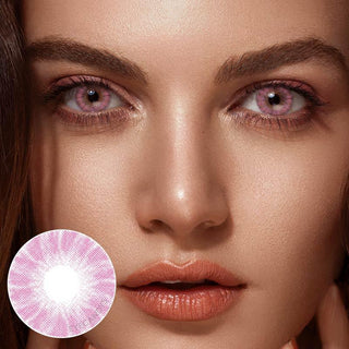 model with naturally dark brown eyes wearing EyeCandys pink label shade pink contact lens