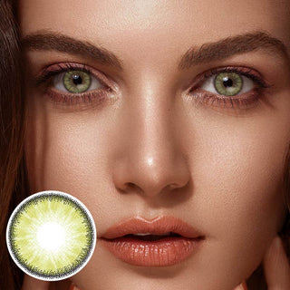 White Model with naturally light brown eyes wearing EyeCandys Desire Lush green lenses