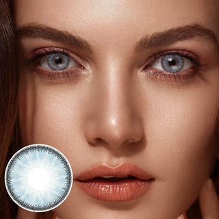 White Model with naturally light blue eyes wearing EyeCandys Desire Glacier Blue lenses