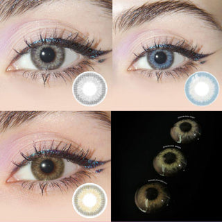 Various colors of the Sugarlook Series of prescription colored contact lenses from EyeCandys worn on dark eyes with clean makeup. Colors of the contacts include blue, grey and brown, and the last image on the collage is a close up image of the same contact lenses in a black background.