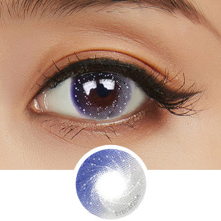 Close-up view of the Pink Label Galaxy Grey contact lens with hues of blue and purple with a cutout of the same lenses