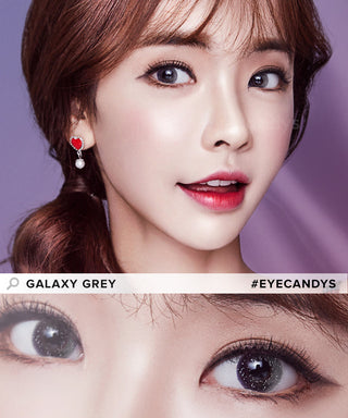 Asian model wearing Galaxy Grey contact lens with a hint of red lipstick for a unique look above a closeup of a pair of eyes transformed by the grey contacts