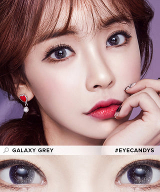 Asian model showcasing the Galaxy Grey contact lenses with subtle makeup above a closeup of a pair of eyes transformed by the grey contacts