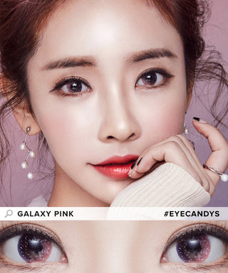 Asian model wearing Galaxy Pink contact lens with a hint of red lipstick for a unique look above a closeup of a pair of eyes transformed by the Pink contacts