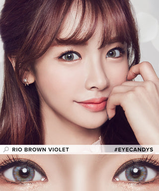 Asian model displays Rio Brown-Violet purple contact lenses from EyeCandys, emphasizing the enhanced eyes in a close-up photograph at the bottom.