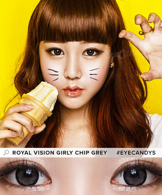 Asian model showcases Pink Label Blossom Grey lenses, eating ice cream with her hand posing the cat claw, highlighting the captivating effect of the grey contacts in a close-up image.