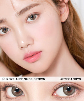 Model showcasing a clean-makeup look using i-DOL Roze Airy Nude Brown blended color contacts, above a closeup showing how well the color contacts blend in with her dark eyes.