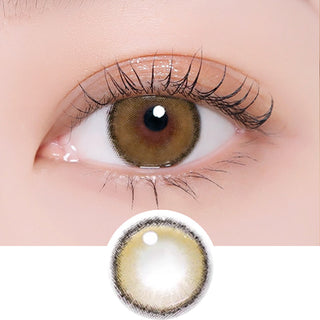 Macro shot of an eye wearing the i-DOL Roze Airy Olive Green blended colour contact lens, showing the multi-colored detail and natural effect on dark brown eyes, with clean eye makeup, above a design of the contact lens
