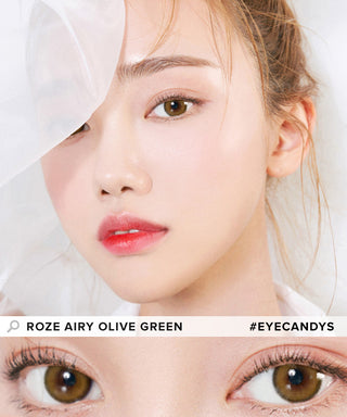 Model showcasing a clean-makeup look using i-DOL Roze Airy Olive Green blended color contacts, above a closeup showing how well the color contacts blend in with her dark eyes.