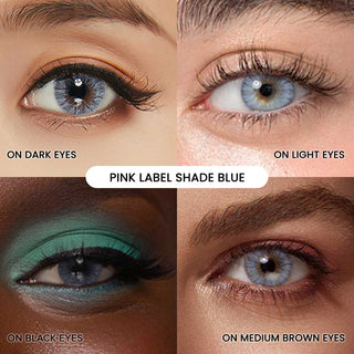 The Shade Blue prescription colored contact lenses worn on various skintones and underlying eye colors - clockwise: on dark eyes with yellow-toned skin, on light eyes with light skin, on black eyes with dark skin, on medium brown eyes with tanned skin.