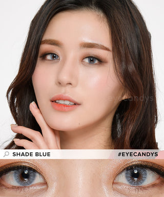 Female model wearing Shade Blue contact lenses with complementary neutral eyeshadow, above a close-up of her naturally dark eyes enhanced with Blue contacts.