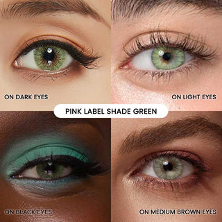 The Shade Green prescription colored contact lenses worn on various skintones and underlying eye colors - clockwise: on dark eyes with yellow-toned skin, on light eyes with light skin, on black eyes with dark skin, on medium brown eyes with tanned skin.