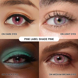 Collage of a pink color contact lens on various eye colors, ranging from dark eyes to light eyes, to medium brown eyes to black eyes, with various skintones.