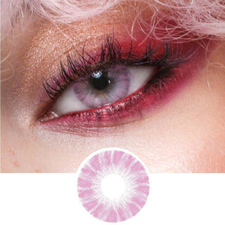 Close-up view of natural looking Shade Pink contact lens on a medium brown eye, paired with bold red eye makeup, next to a cutout of the contact lens