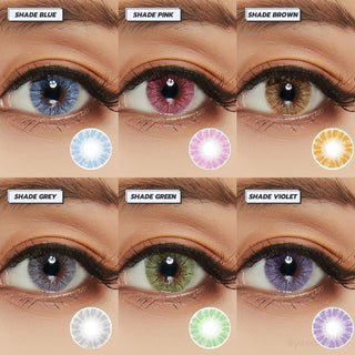 Various colors of the Shade Series of prescription colored contact lenses from EyeCandys worn on dark eyes with clean makeup. Colors of the contacts include blue, pink, brown, grey, green and violet