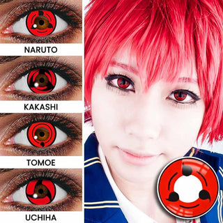 Sharingan Eyes Color Contact Lenses for Cosplay shown in various character versions (Naruto, Kakashi, Tomoe, Uchicha), next to a model wearing the Naruto contact lenses demonstrating the opaque bright effect on dark eyes